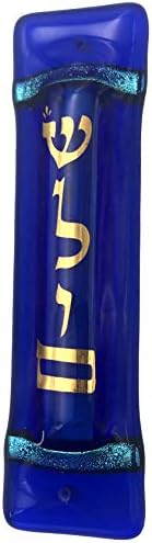 Shalom Art Glass Mezuzah with Scroll - Midnight Blue