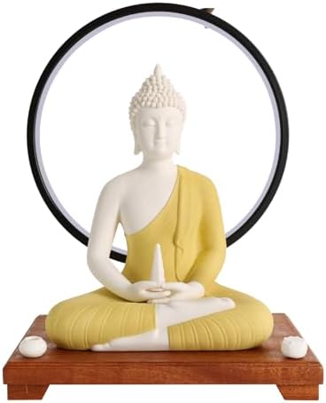 Shakyamuni Buddha Statue with LED Halo 12x8x16in Ceramic and Wood Base