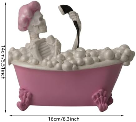 Whimsical Halloween Skeleton in Pink Bath Tub Figurine