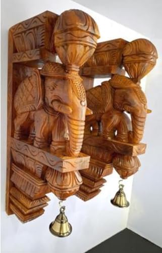 Wood Elephant Wall Bracket with Brass Bells Home Decor Set