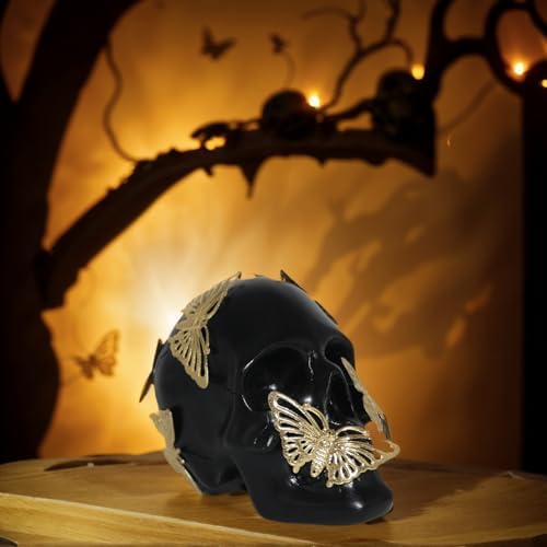 Black Skull Statue with Gold Butterfly Halloween Decor