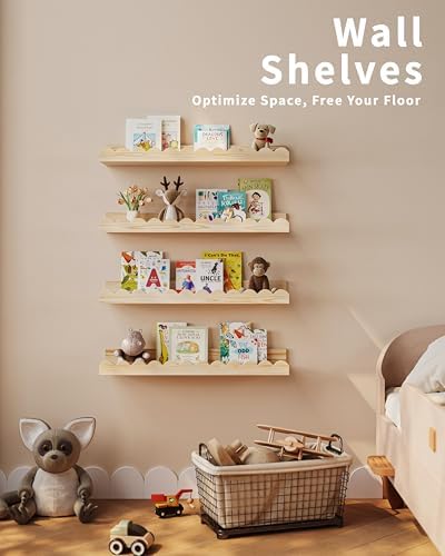 Shario 4-Pack Floating Wood Book Shelves for Kids Wall