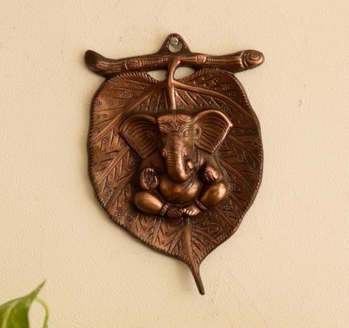 Ganesha Wall Sculpture in Metal with Leaf Design