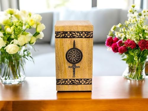 Handcrafted Wooden Cremation Urn with Warrior Design