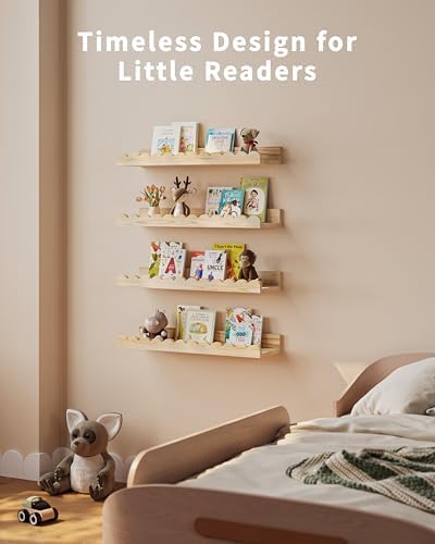 Shario 4-Pack Floating Wood Book Shelves for Kids Wall