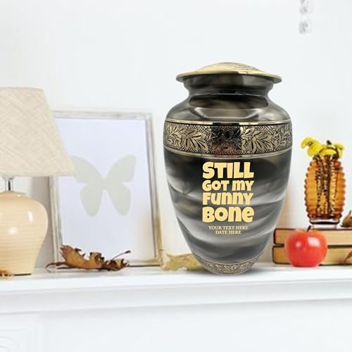 Custom Cremation Urn with Humor Engraving and Gold Design