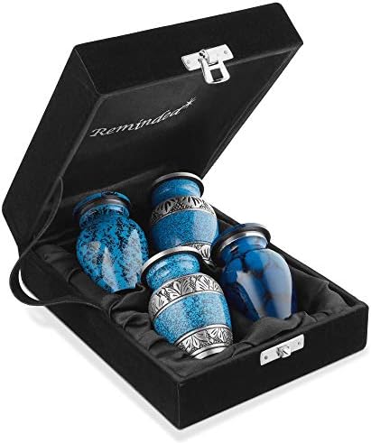 Reminded Small Cremation Urns Set of 4 Blue and Silver with Velvet Case