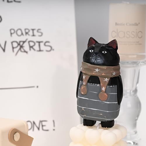 Funny Animals Figurines Handmade Wooden Carving Black Cat
