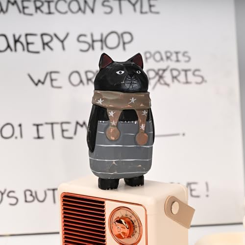 Funny Animals Figurines Handmade Wooden Carving Black Cat