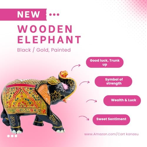 Handcrafted Wooden Elephant Figurine with Gold and Gemstone Details
