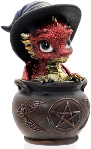 Mini Dragon Figurine with Witch Hat and Cauldron