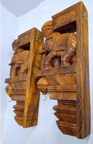 Wood Elephant Wall Bracket with Brass Bells Home Decor Set