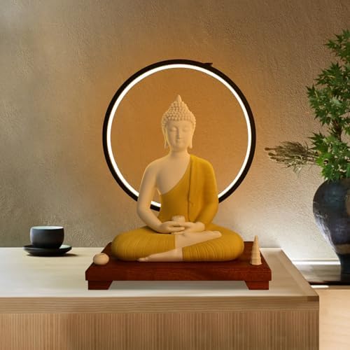Shakyamuni Buddha Statue with LED Halo 12x8x16in Ceramic and Wood Base