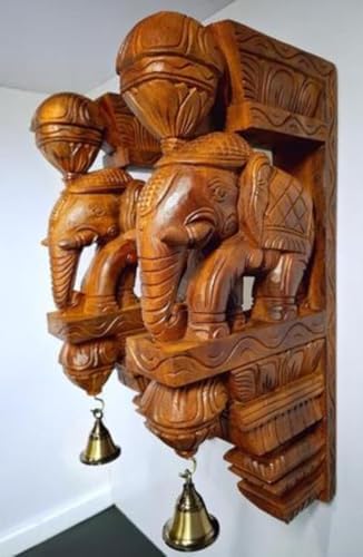 Wood Elephant Wall Bracket with Brass Bells Home Decor Set