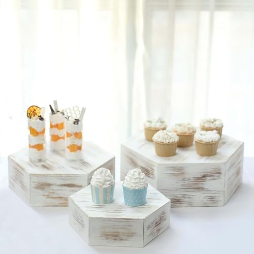 Efavormart Set of 3 Whitewashed Hexagonal Wood Dessert Holders