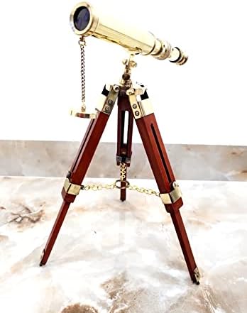 Golden Polish Maritime Brass Telescope with Adjustable Wooden Tripod Stand
