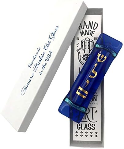 Shalom Art Glass Mezuzah with Scroll - Midnight Blue