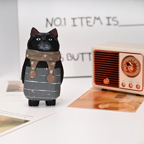Funny Animals Figurines Handmade Wooden Carving Black Cat