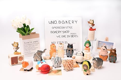 Funny Animals Figurines Handmade Wooden Carving Black Cat