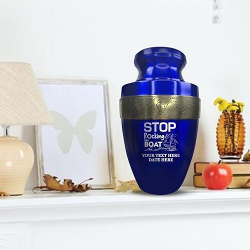 Custom Adult Cremation Urn with Funny Fishing Design and Gold Rim Blue
