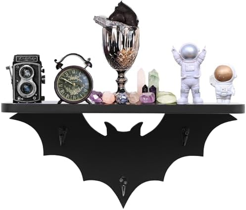 Bat Floating Shelf with 3 Key Hooks Black Wall Decor