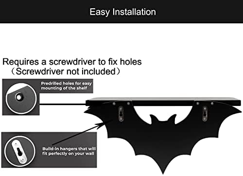 Bat Floating Shelf with 3 Key Hooks Black Wall Decor