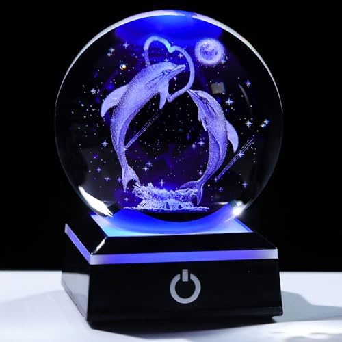 3D Crystal Ball Dolphin Night Light Snow Globe with LED Base