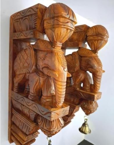 Wood Elephant Wall Bracket with Brass Bells Home Decor Set
