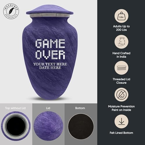 Custom Large Cremation Urn with Name and Game Over Design - Purple