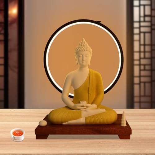 Shakyamuni Buddha Statue with LED Halo 12x8x16in Ceramic and Wood Base