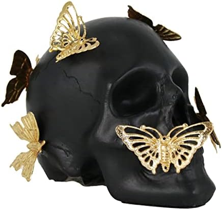 Black Skull Statue with Gold Butterfly Halloween Decor
