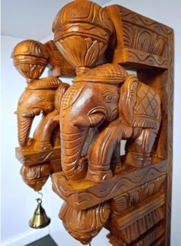 Wood Elephant Wall Bracket with Brass Bells Home Decor Set