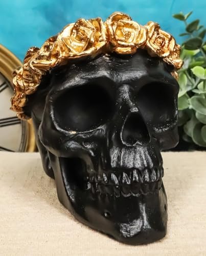Day of the Dead Copper Rose Laurel Black Skull Figurine