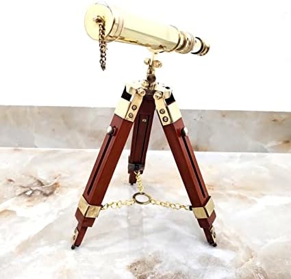 Golden Polish Maritime Brass Telescope with Adjustable Wooden Tripod Stand