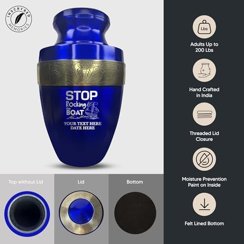 Custom Adult Cremation Urn with Funny Fishing Design and Gold Rim Blue