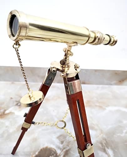 Golden Polish Maritime Brass Telescope with Adjustable Wooden Tripod Stand