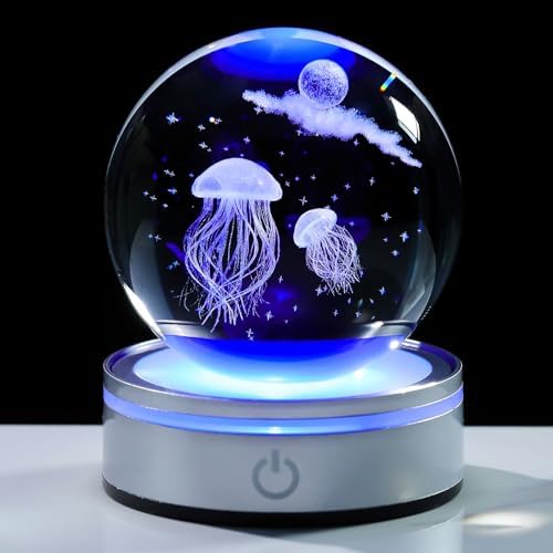 Movdyka 3D Crystal Jellyfish Night Light Decor Figurine