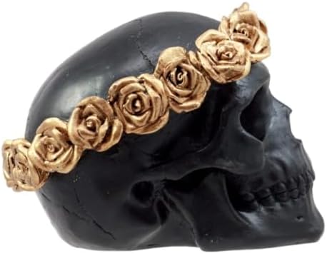 Day of the Dead Copper Rose Laurel Black Skull Figurine