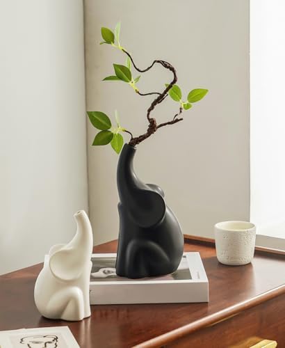 Loving Pair of Elephants with Flower Ceramic Decor Statue