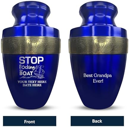 Custom Adult Cremation Urn with Funny Fishing Design and Gold Rim Blue