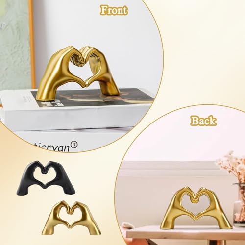 Panthra 2PCS Heart Hands Sculpture Heart Shaped Table Statue Gold Black