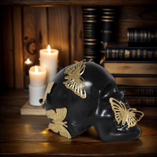 Black Skull Statue with Gold Butterfly Halloween Decor