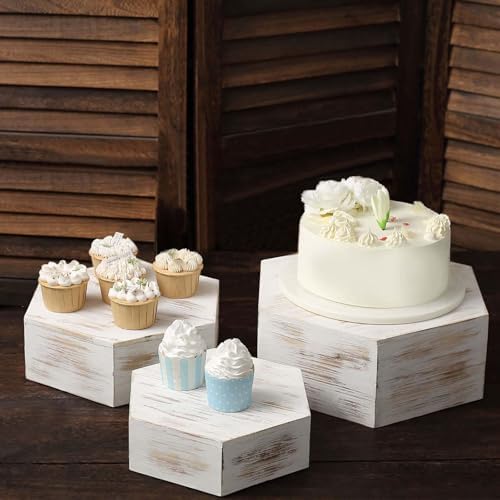 Efavormart Set of 3 Whitewashed Hexagonal Wood Dessert Holders