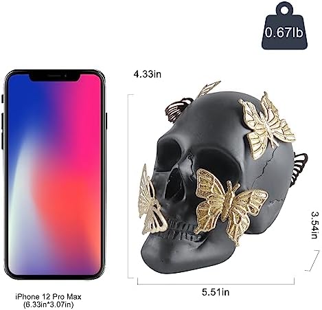 Black Skull Statue with Gold Butterfly Halloween Decor