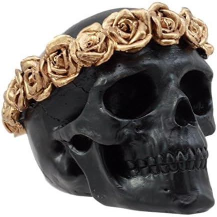 Day of the Dead Copper Rose Laurel Black Skull Figurine
