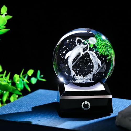 3D Crystal Ball Dolphin Night Light Snow Globe with LED Base