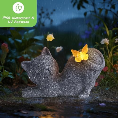 Solar Cat Garden Statue with Glowing Butterfly
