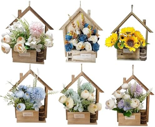 Wooden Door Hanger Basket with Silk Flowers and Ribbon