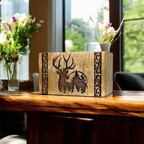 Handcrafted Wooden Cremation Urn with Deer Engraving