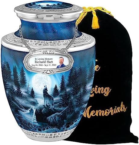 Personalized Wolf Medallion Cremation Urn - 200lbs Handcrafted Ashes Urn with Velvet Bag